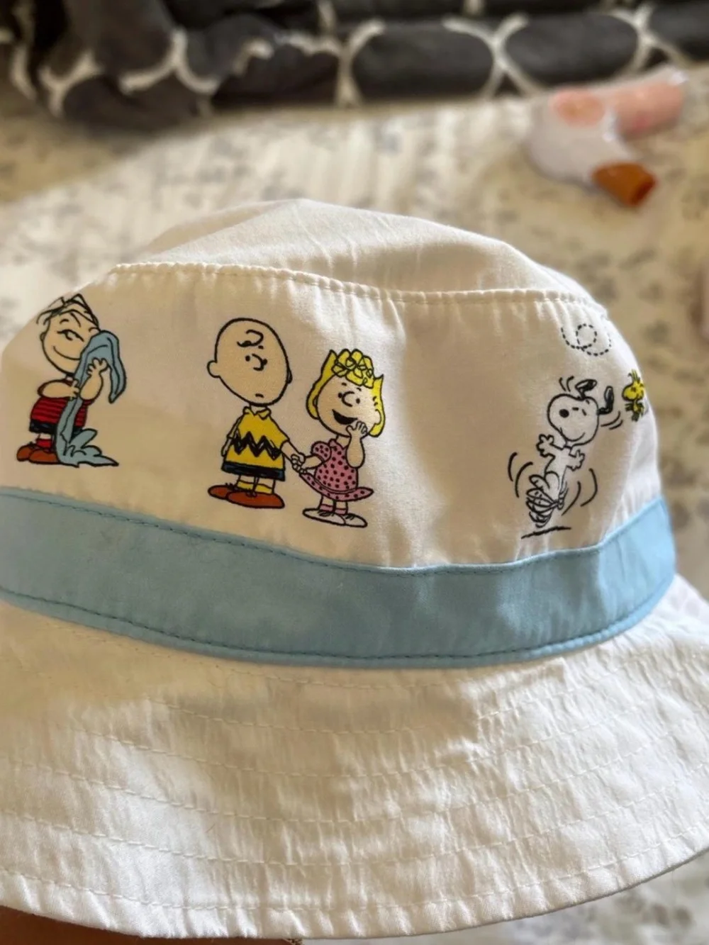 White & Light Blue Kids' Bucket Hat with Cartoon Characters
